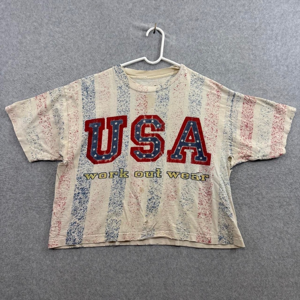 Vintage USA Work Out Wear Distressed American Flag Striped T-Shirt Boxy Crop L